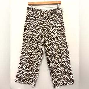 Wide Leg Crop Pants Linen Blend Brown Cream‎ Pockets Comfort Women’s Size 10